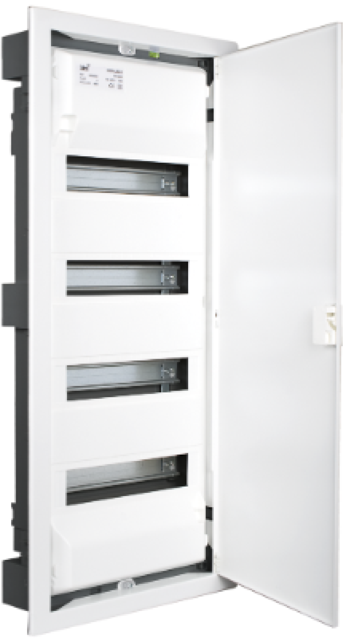 Flush distribution box of 56 modules. With metallic frame and door, white colour.