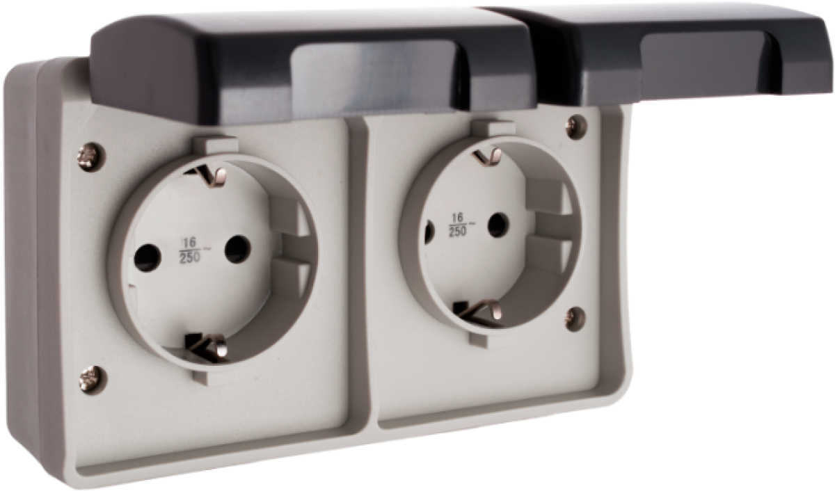 Tomada dupla fixa  2P + E, 16A 250V ~. IP44. De superfície.