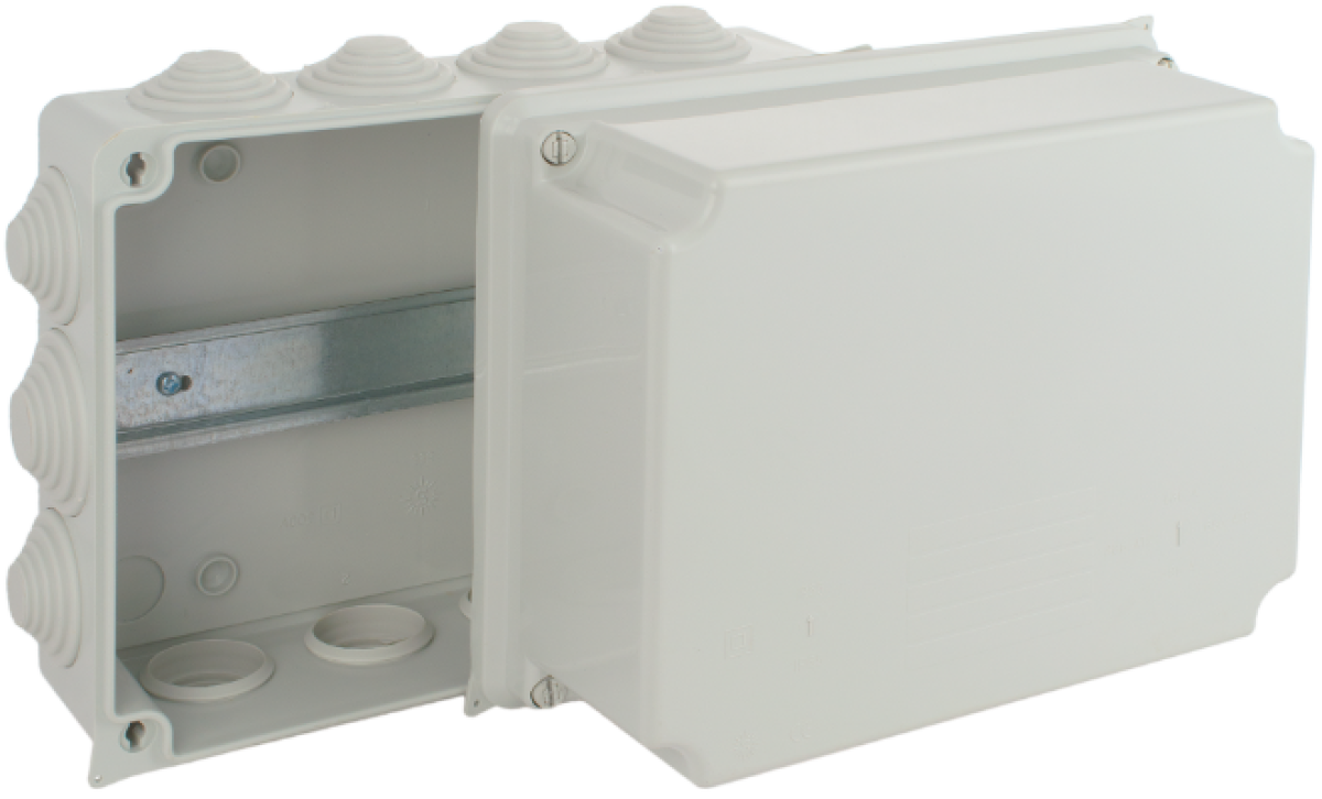 Sealed connection box 220 x 170 x 140 mm with cones. Grey colour. With DIN rail.