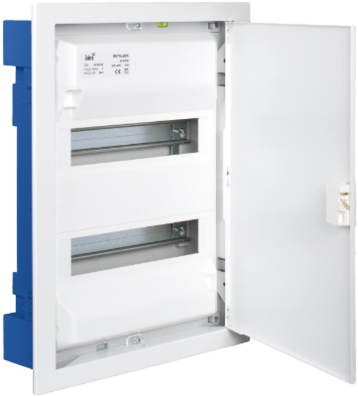Flush distribution box in hollow partition of 28 modules. With white metal frame and door