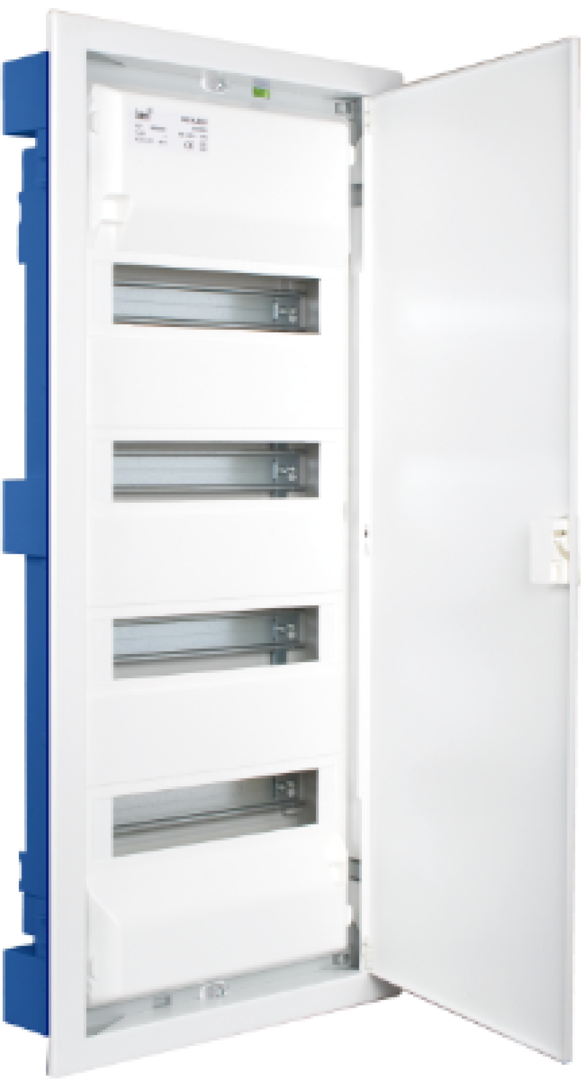 Flush distribution box in hollow partition of 56 modules. With white metal frame and door