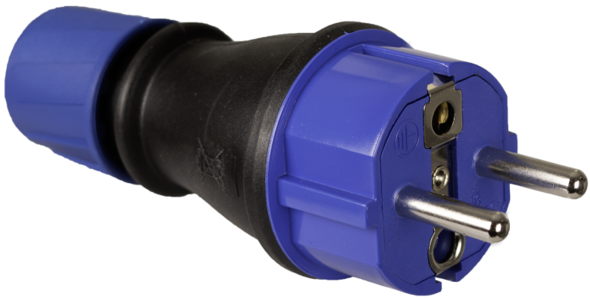 Plugue Solera 2P + E, 16A 250V ~. Borracha preta.