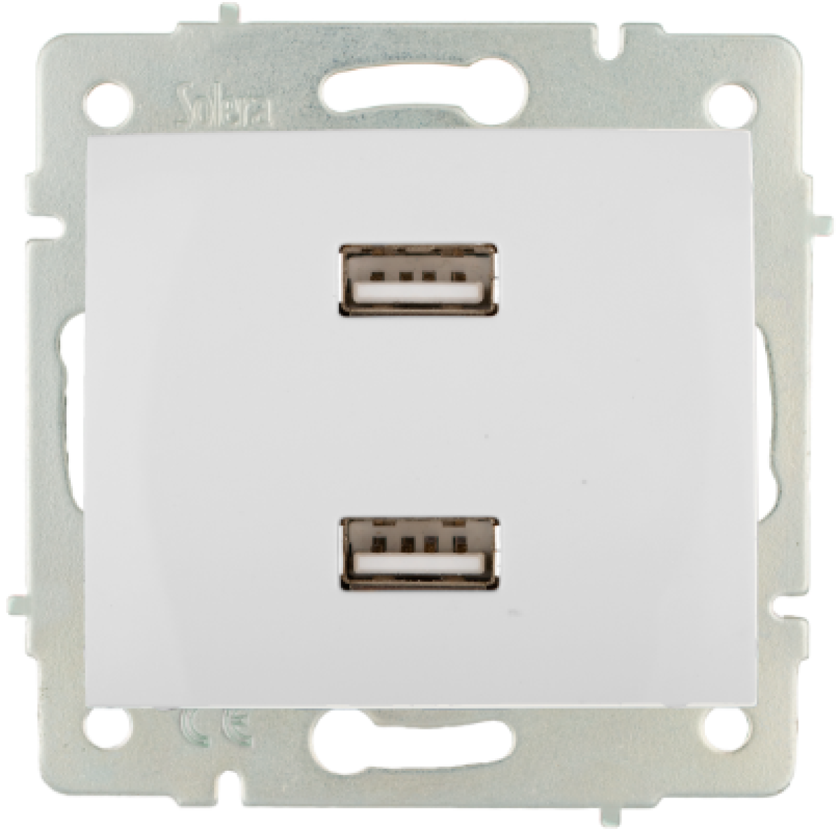 Carregador USB duplo. Entrada: 230V ~. Saída USB: 5V. 4200 mA (total). Em espera: <0,1 W.  Para encastrar