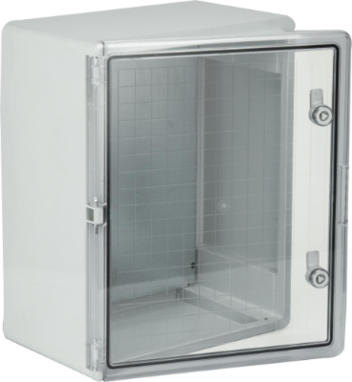 Thermoplastic waterproof enclosure. Smooth door (transparent). External dimensions 400x500x240. With metal mounting plate.