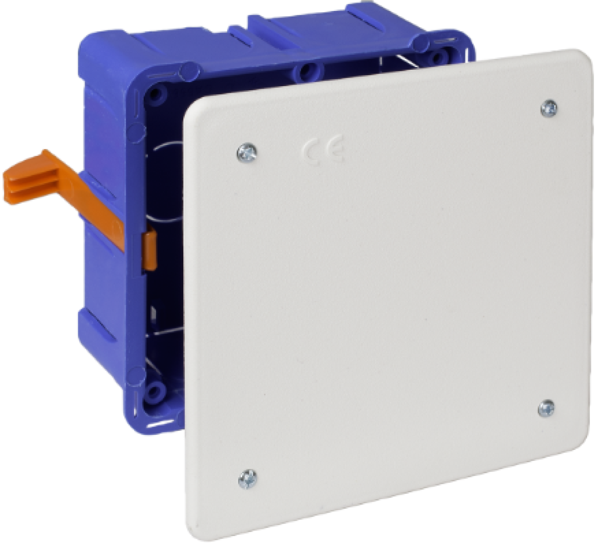 Flush connection box in hollow partition. 107 x 107 x 45 mm. Cover with screws. Fixing system with nylon ties.