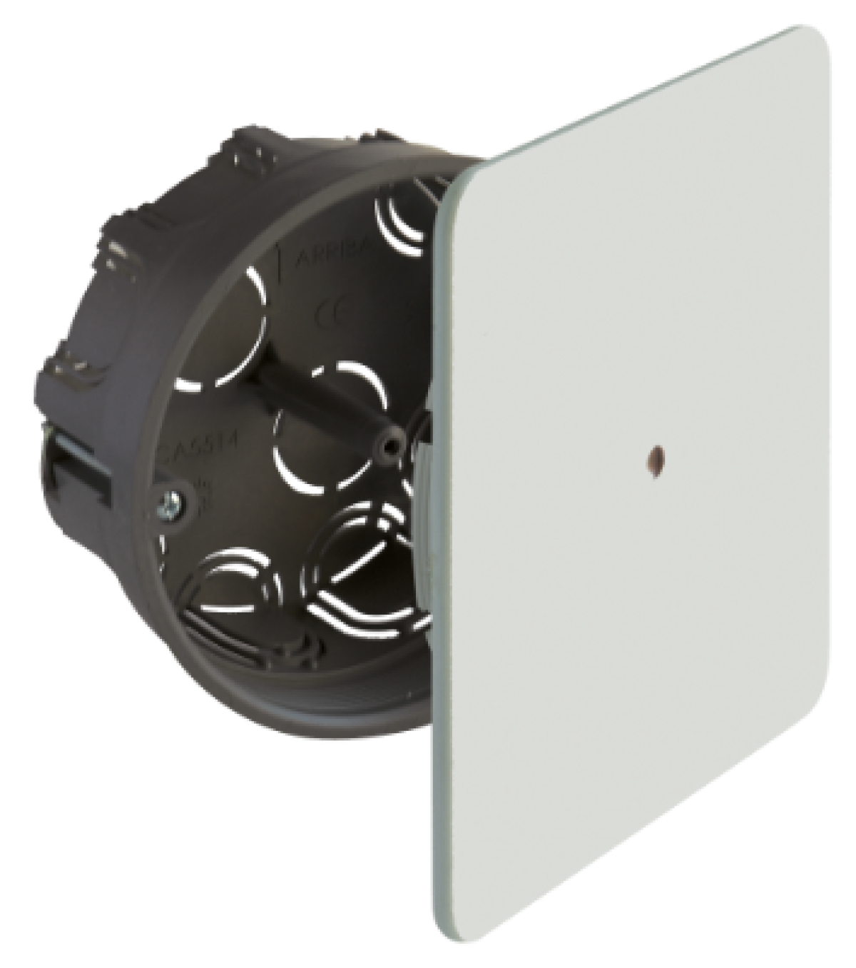 Caixa de ligação para encastrar com tampa quadrada nivelável, ajuste do perímetro, com parafuso central. Ø 100 mm