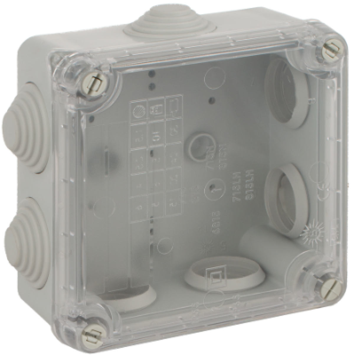 Sealed connection box 100 x 100 x 55 mm with cones. Grey colour and transparent cover.