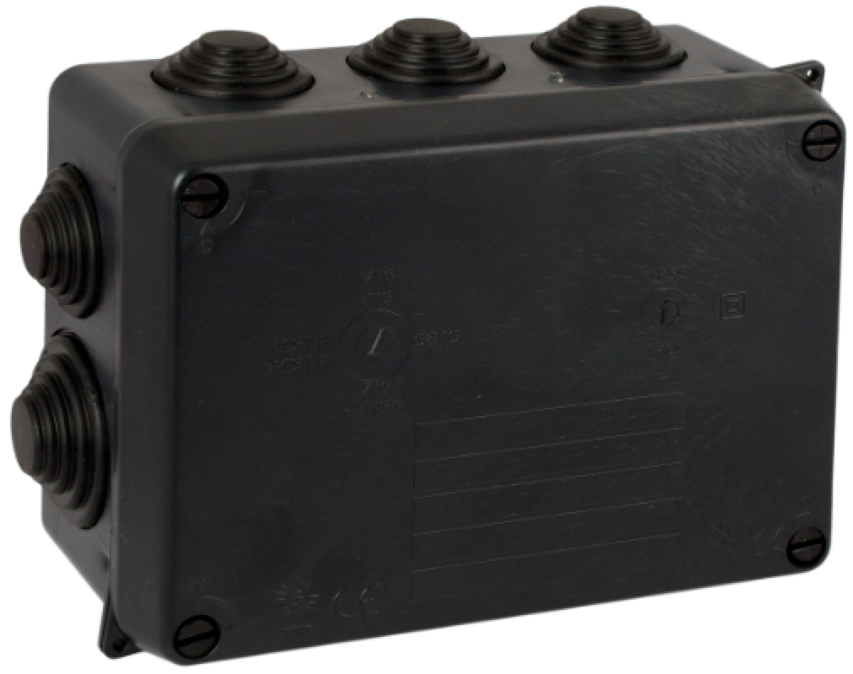 Sealed connection box 153 x 110 x 65 mm with cones. Black colour.