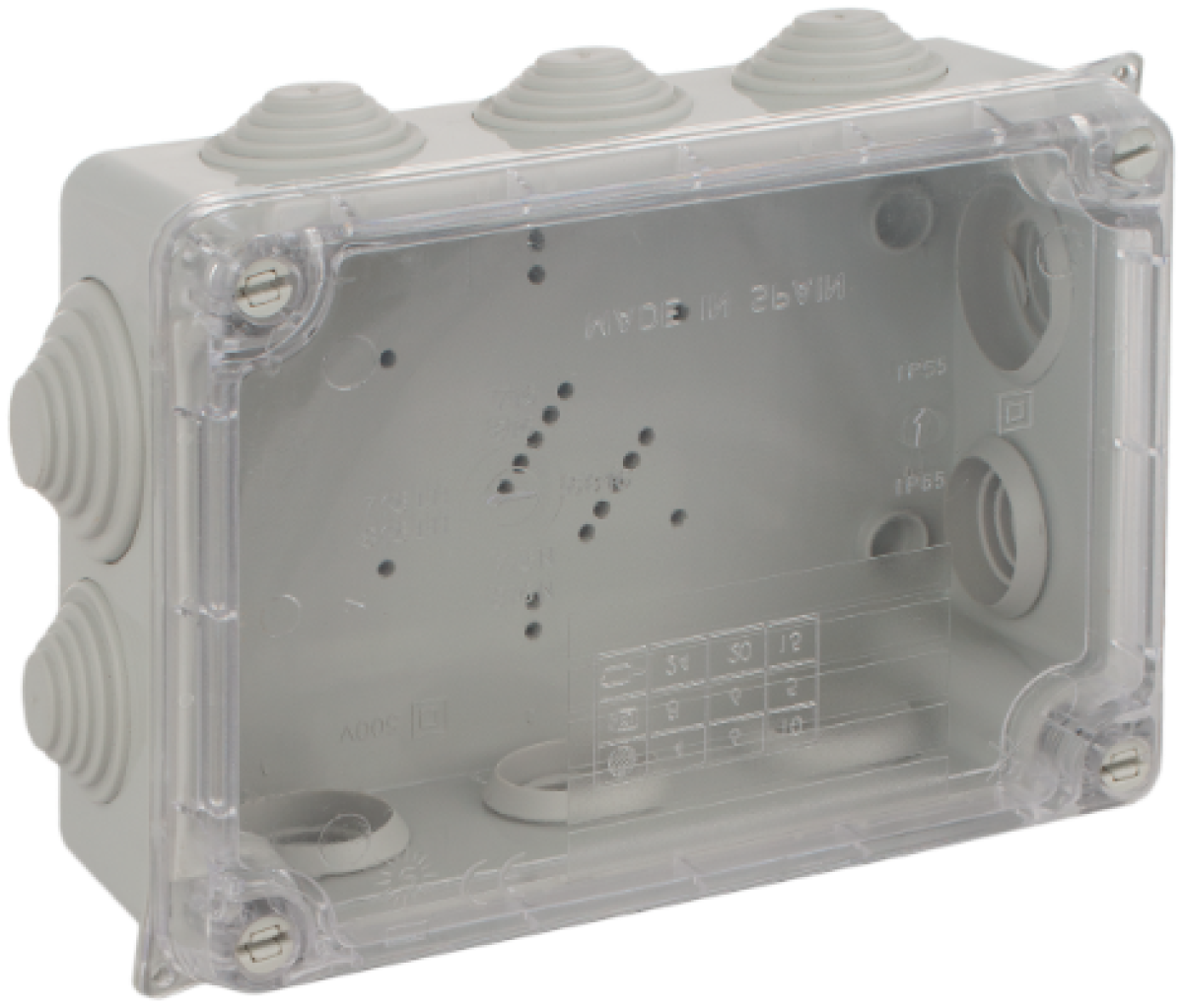 Sealed connection box 153 x 110 x 65 mm with cones. Grey colour and transparent cover.