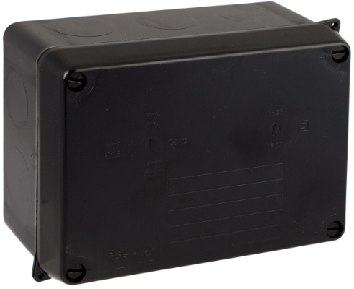 Watertight connection box 153 x 110 x 65 mm without cones. Black colour.