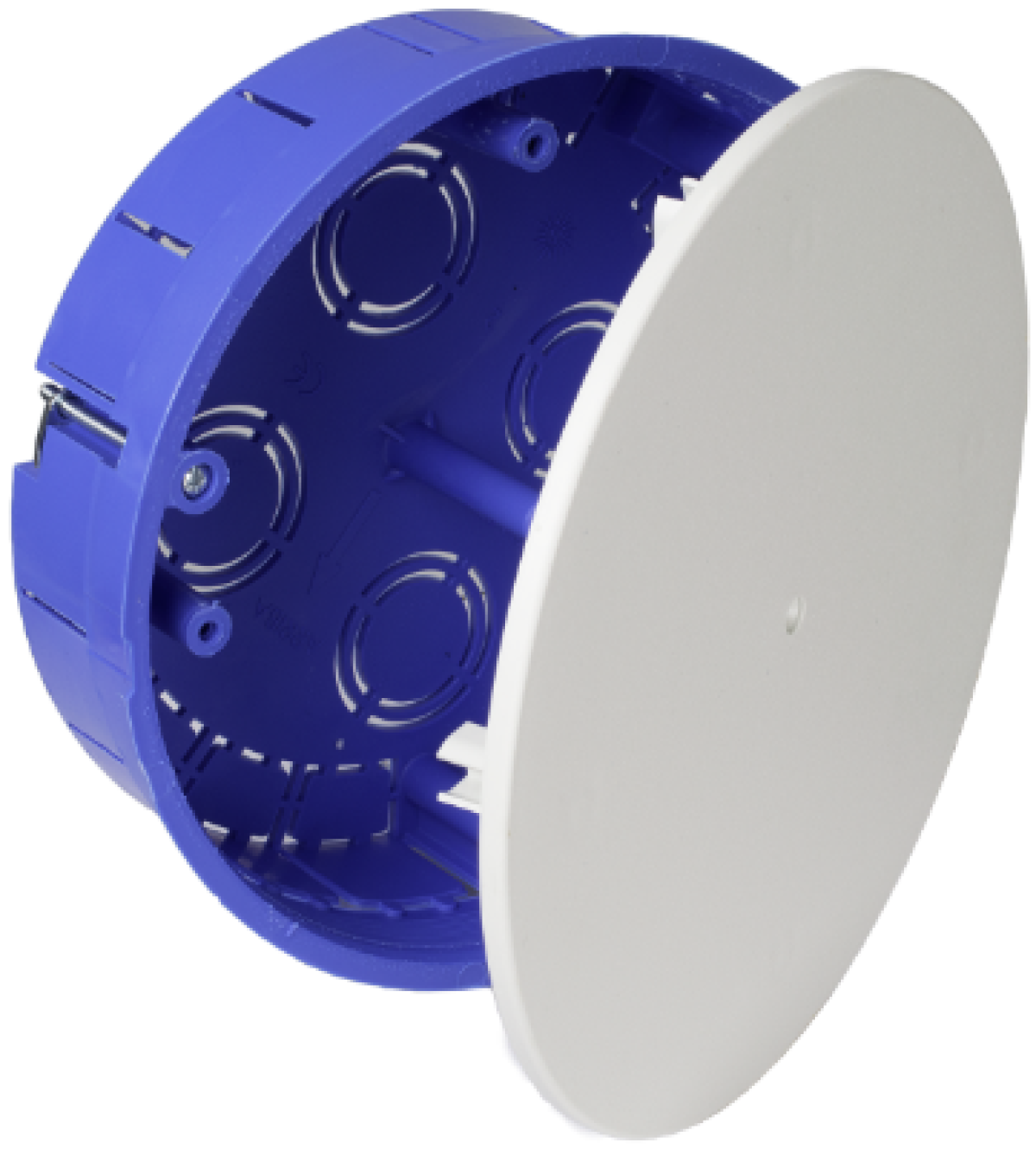 Flush connection box in hollow partition. Ø 150 mm. Round cover with plastic claw. With central screw.