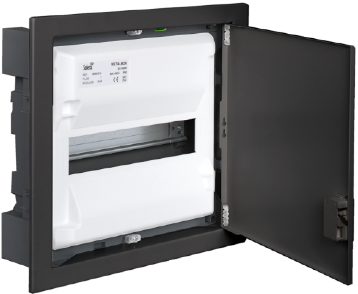 Flush distribution box of 14 modules. With metallic frame and door, white colour. Graphite Colour