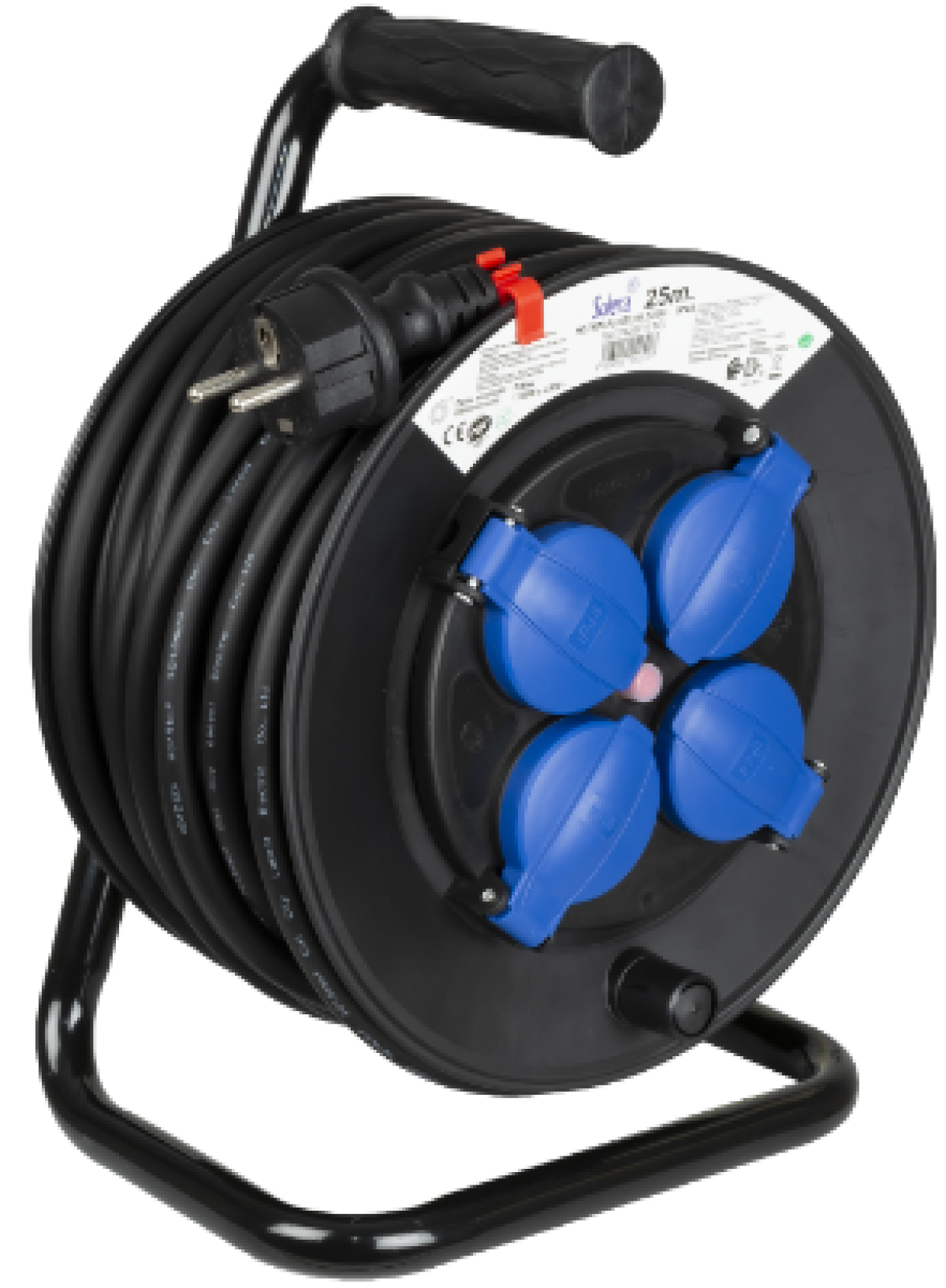 Cable reel with 4 sockets with blue covers 2P+E (FR), 16A 230V~. 25 m H07RN-F 3G1.5 mm² cable