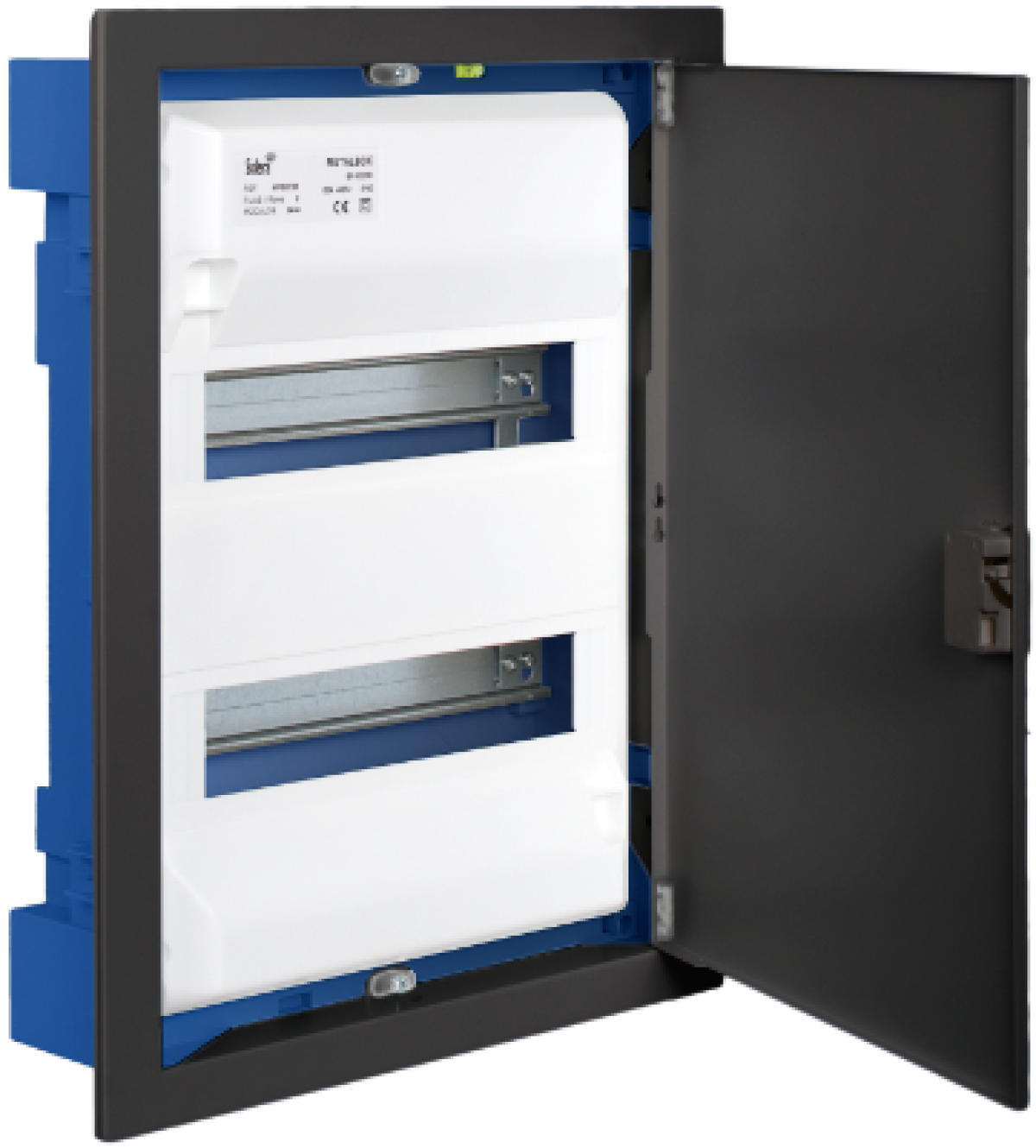 Flush distribution box in hollow partition of 28 modules. With graphite colour metal frame and door