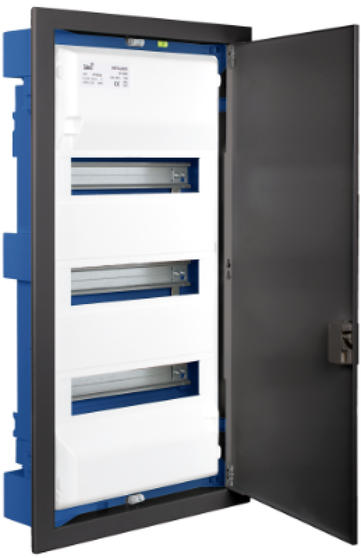 Flush distribution box in hollow partition of 42 modules. With graphite colour metal frame and door