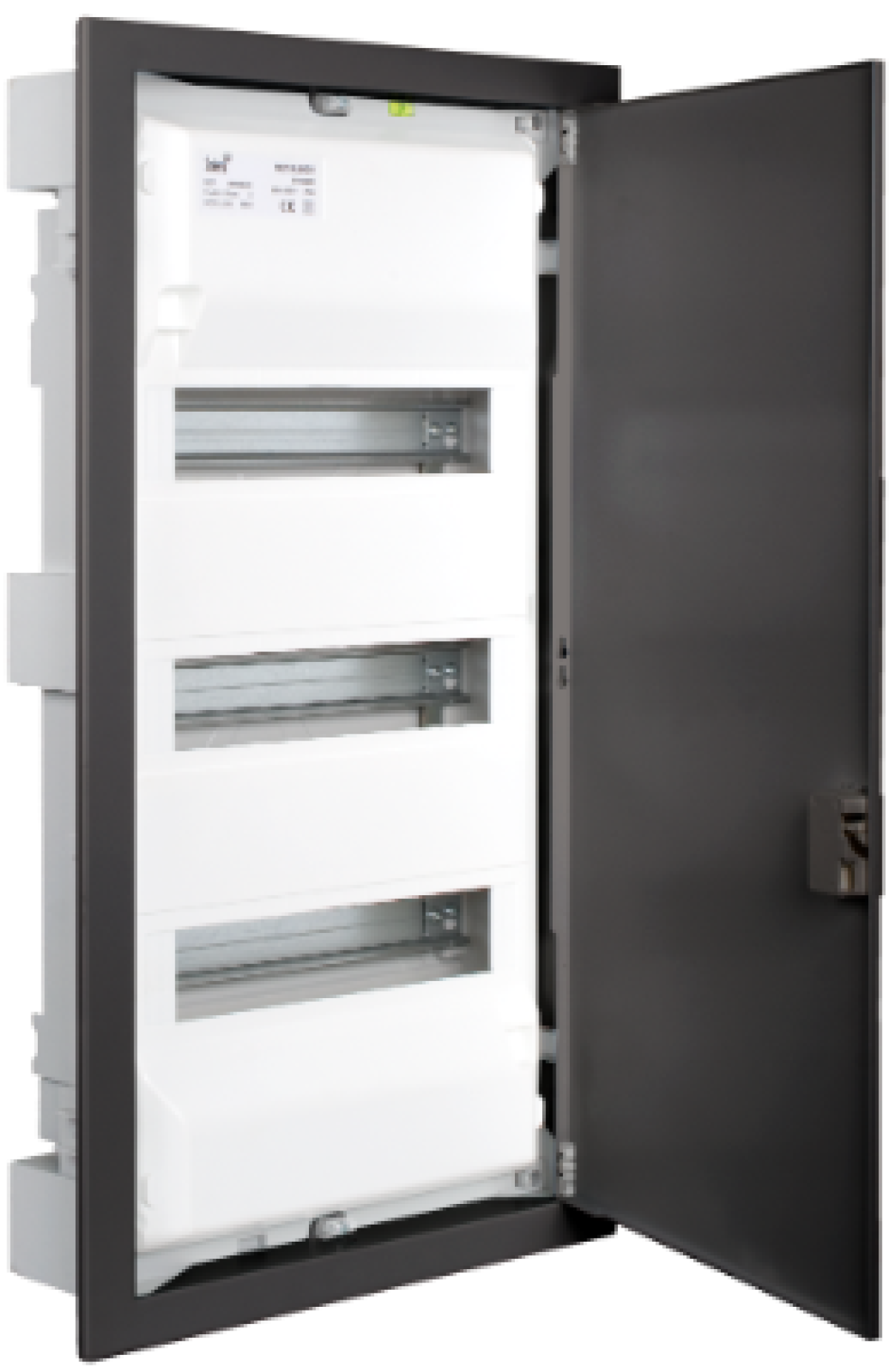 Flush distribution box of 42 modules. With metallic frame and door and graphite colour.