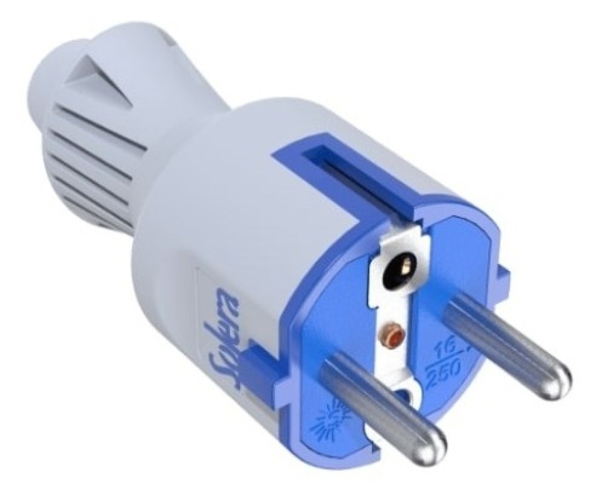 2P + E plug, 16A 250V ~. Elastómero branco.