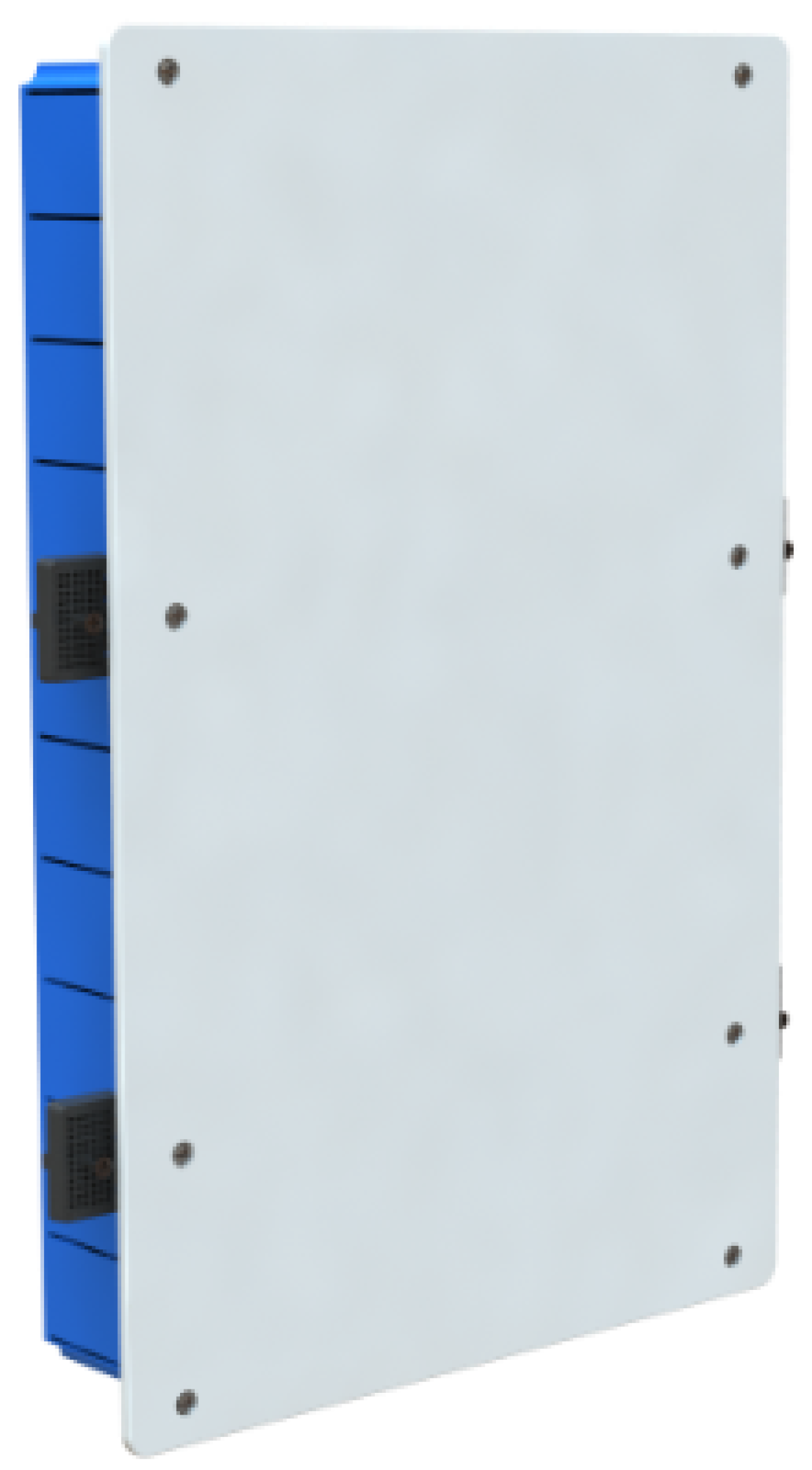 Flush connection box in hollow partition. 300 x 500 x 85 mm. Cover with screws.