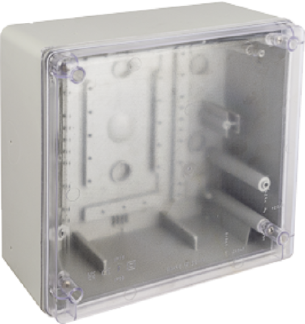 Caixa de ligação estanque 270x250x140 mm. Cinzento e tampa transparente