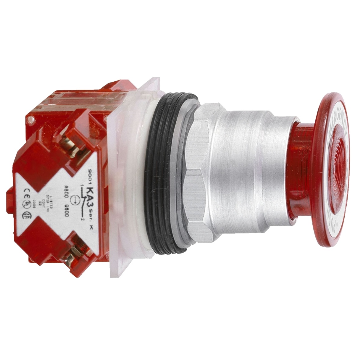 Botão press. ø 30  aro met.  cabeça  cog. ø 57 mm  verm.  empurrar-puxar - 1 nc