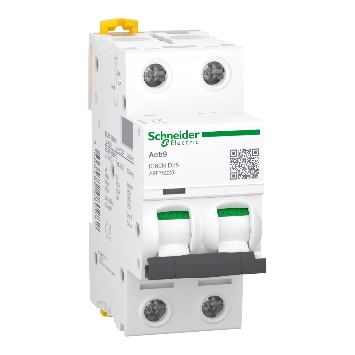 Acti9 iC60N - Disjuntor - 2P - 25A - Curva D - 6000A IEC 60898-1 - 10 kA IEC 60947-2