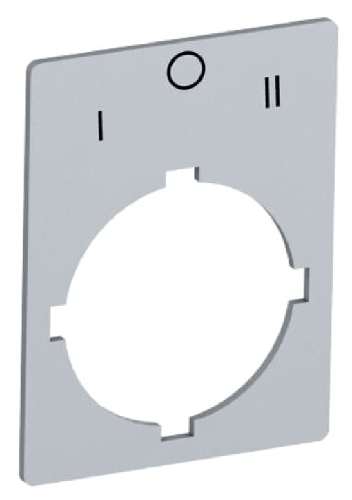 Rectangular legend plate 29,6x39 mm aluminum for 3-position selector switch with text Pos 31I Pos 32O Pos 33II Legend Plate