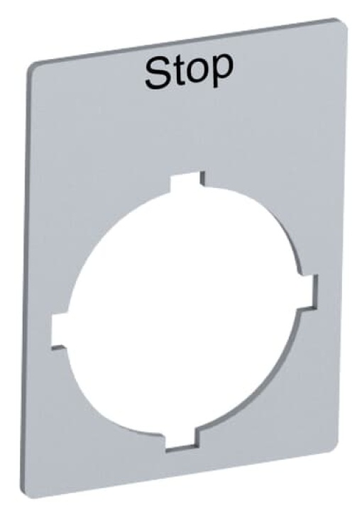 Rectangular legend plate 29,6x39 mm aluminum with text Stop Legend Plate