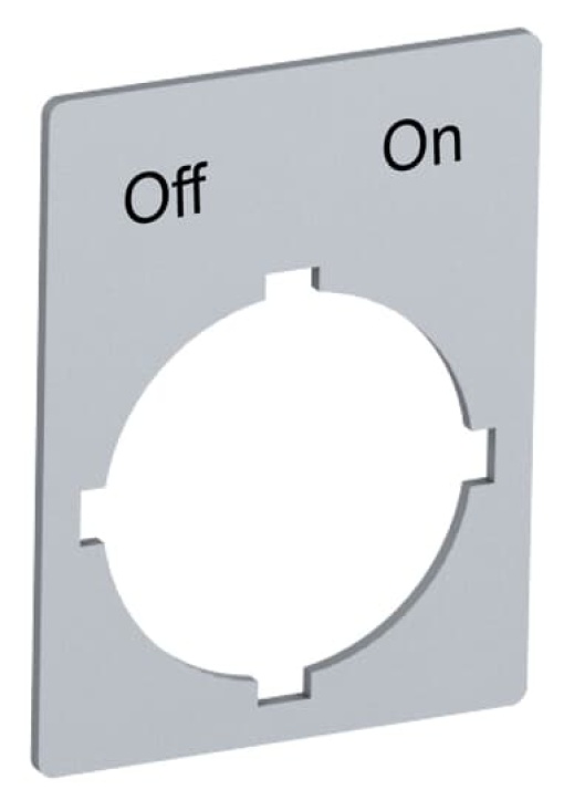 Rectangular legend plate 29,6x39 mm aluminum for 2-position selector switch with text Pos 21Off Pos 22On Legend Plate