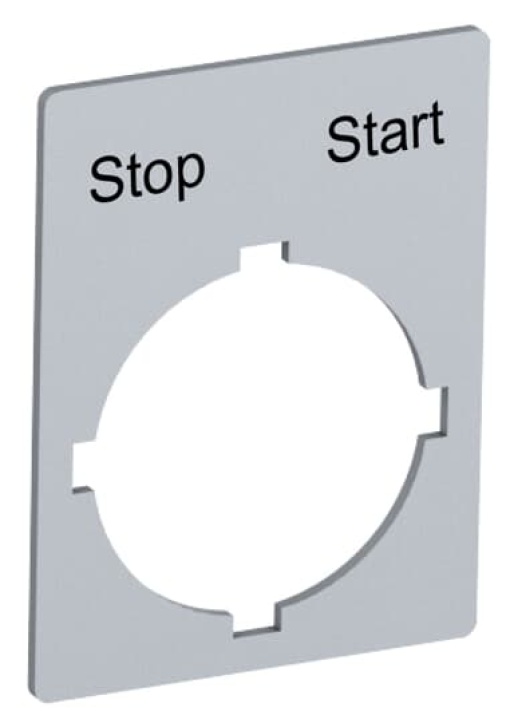 Rectangular legend plate 29,6x39 mm aluminum for 2-position selector switch with text Pos 21Stop Pos 22Start Legend Plate