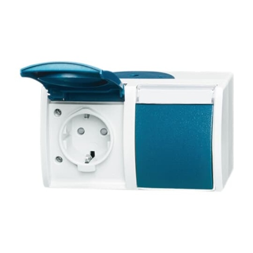 SCHUKO Double socket with labelling field Safety Shutter with Hinged Lid grey  blue-green  - ocean