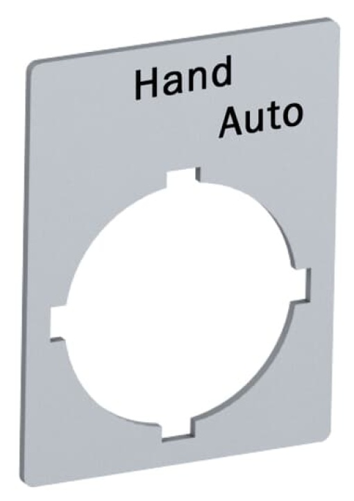 Rectangular legend plate 29,6x39 mm aluminum for 2-position selector switch with text Pos 21Hand Pos 22Auto Legend Plate