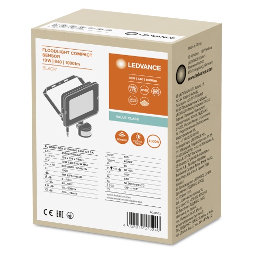 FLOODLIGHT COMPACT SENSOR 10W 840 SYM 100 BK