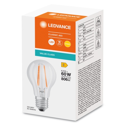 LED CLASSIC A V 6.5W 827 Clear E27
