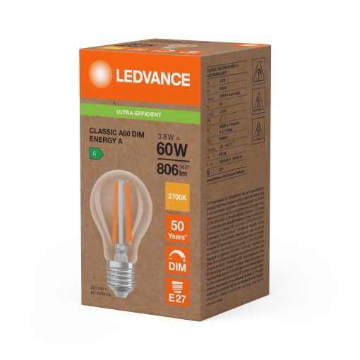 LED CLASSIC A ENERGY EFFICIENCY A DIM S 3.8W 827 Clear E27
