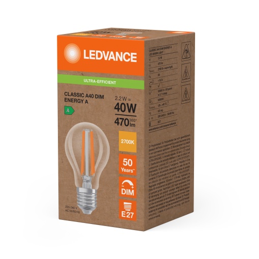 LED CLASSIC A ENERGY EFFICIENCY A DIM S 2.2W 827 Clear E27