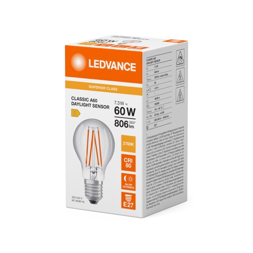LED CLASSIC A DAYLIGHT SENSOR S 7.3W 827 Clear E27