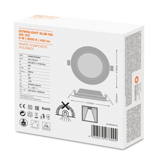 DOWNLIGHT SLIM ROUND 105 6 W 4000 K WT