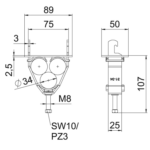 Abraçadeira BBS para 3 cabos 31-34mm Aço Galvanizado por imersão a quente após maquinação
