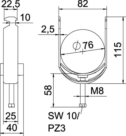 Abraçadeira BBS 2056 70-76mm Aço inoxidável, livre de ferrugem A2 1.4301 brilhante, pós-tratamento