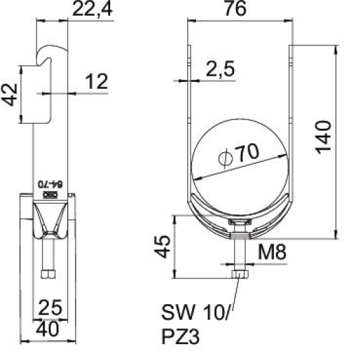 Abraçadeira BBS 2056 64-70mm Aço Galvanizado por imersão a quente após maquinação