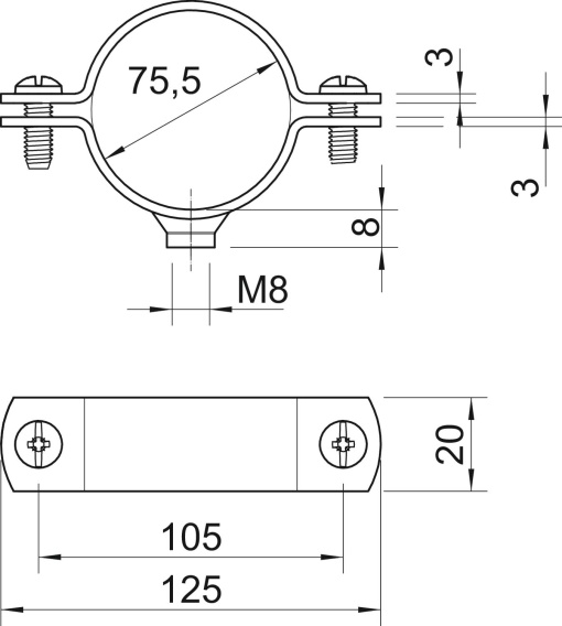 Abraçadeira metálica com rosca M8 2 12" Aço Galvanizado por imersão a quente após maquinação