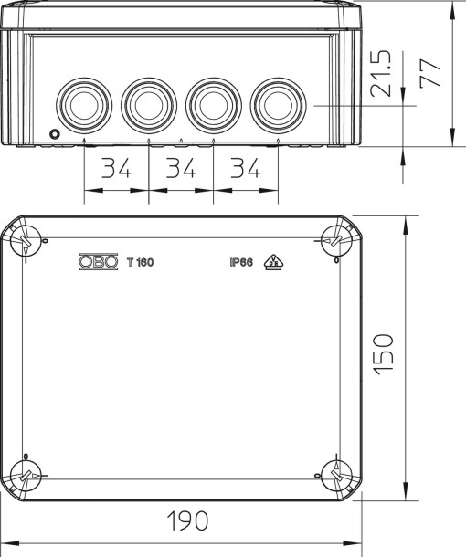 Caixa de derivação com régua bornes  entradas 190x150x77 Polipropileno, reforçado a fibra de vidro cinzento claro RAL 7035