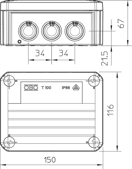 Caixa de derivação com entradas 150x116x67 Polipropileno branco puro RAL 9010