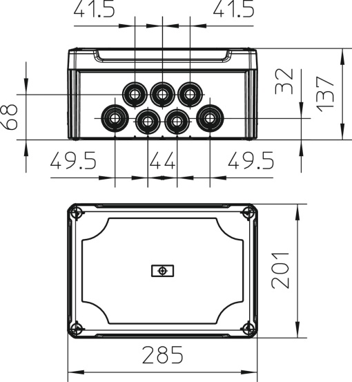 Caixa de derivação com tampa alta 285x201x139 PolipropilenoPolicarbonato cinzento claro RAL 7035