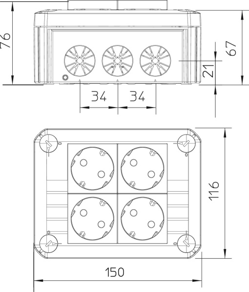 Caixa de derivação 4 Tomadas Schuko 33 BR 22 150x116x67 Polipropileno cinzento claro RAL 7035