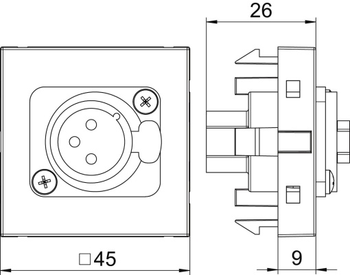 Suporte multimédia XLR 3-polos Tomada com ligação roscada 45x45mm Policarbonato alumínio lacado