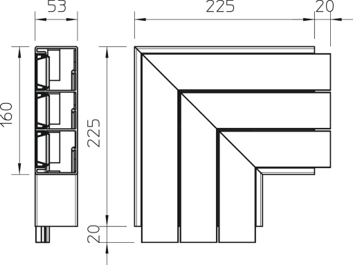 Ângulo plano 3 vias, simétrico 53x160mm Policloreto de vinilo branco puro RAL 9010