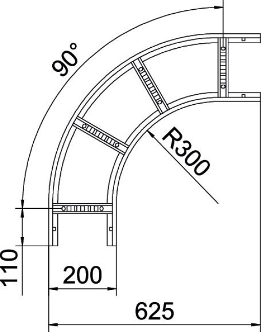 Ângulo 90 para caminhos de cabos escada 60x200 Aço inoxidável, livre de ferrugem A2 1.4301 brilhante, pós-tratamento