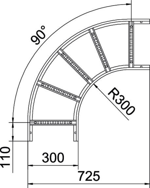 Ângulo 90 para caminhos de cabos escada 60x300 Aço inoxidável, livre de ferrugem A2 1.4301 brilhante, pós-tratamento