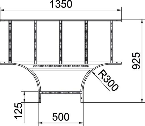 Derivação em T para caminhos de cabos escada 60x500 Aço galvanizado pelo método Sendzimir
